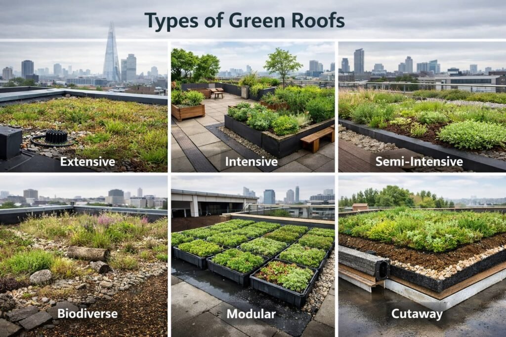 **Alt text:**
Types of green roofs showing extensive, intensive, semi-intensive, biodiverse, modular, and cutaway green roof systems on urban buildings
