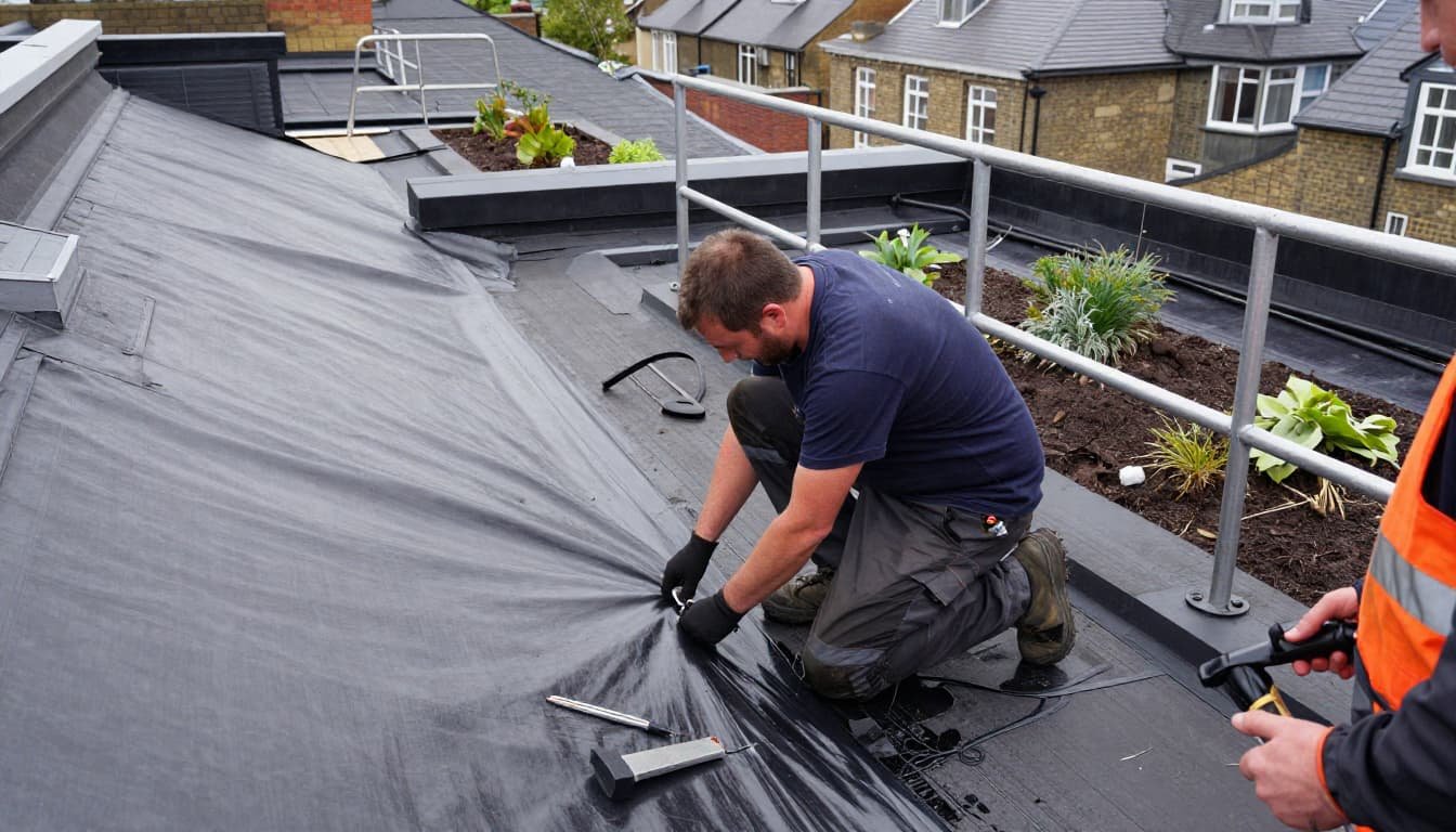 Roofing contractor installing waterproof membrane on a green roof in London