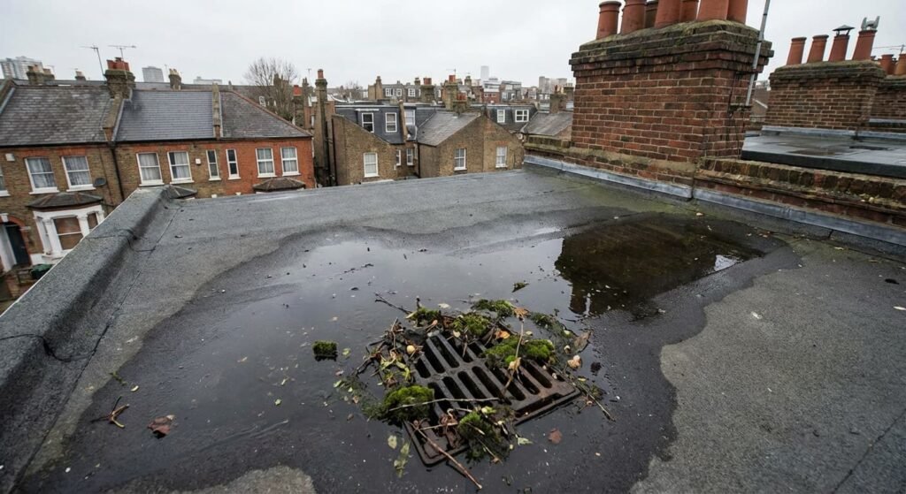 Blocked flat roof drain in London causing standing water and drainage problems after heavy rain