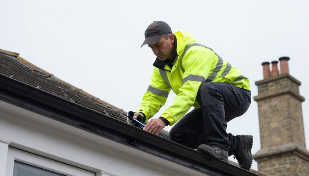 Roofer repairing house gutter on roof in UK