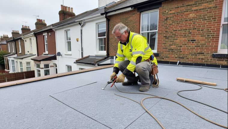 a worker fixing a flat felt roof on a London terraced house, wearing hi-vis jacket and safety harness