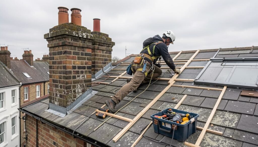 Roof Tile Coating Vs Roof Replacement in London – Which Is Better? 4 Roofer working on pitched roof near chimney with safety harness