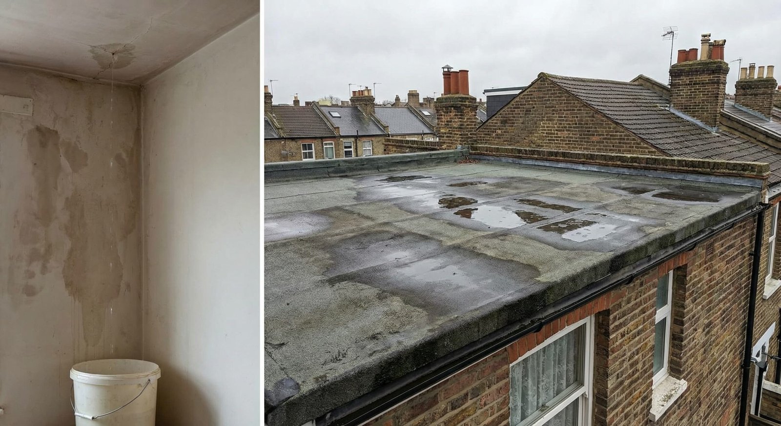 FAQ 1 Flat roof leak after heavy rain in London home with interior ceiling water damage and bucket catching drips