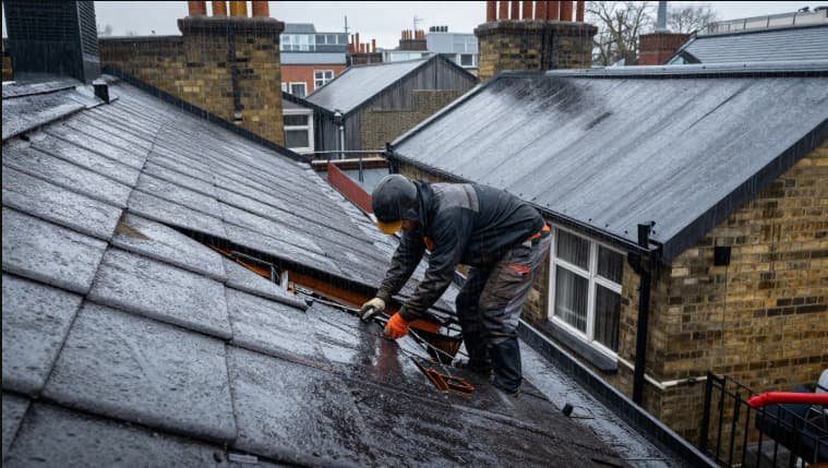 Professional roofer repairing slate roof in London during rainy weather to fix roof leak and prevent water damage