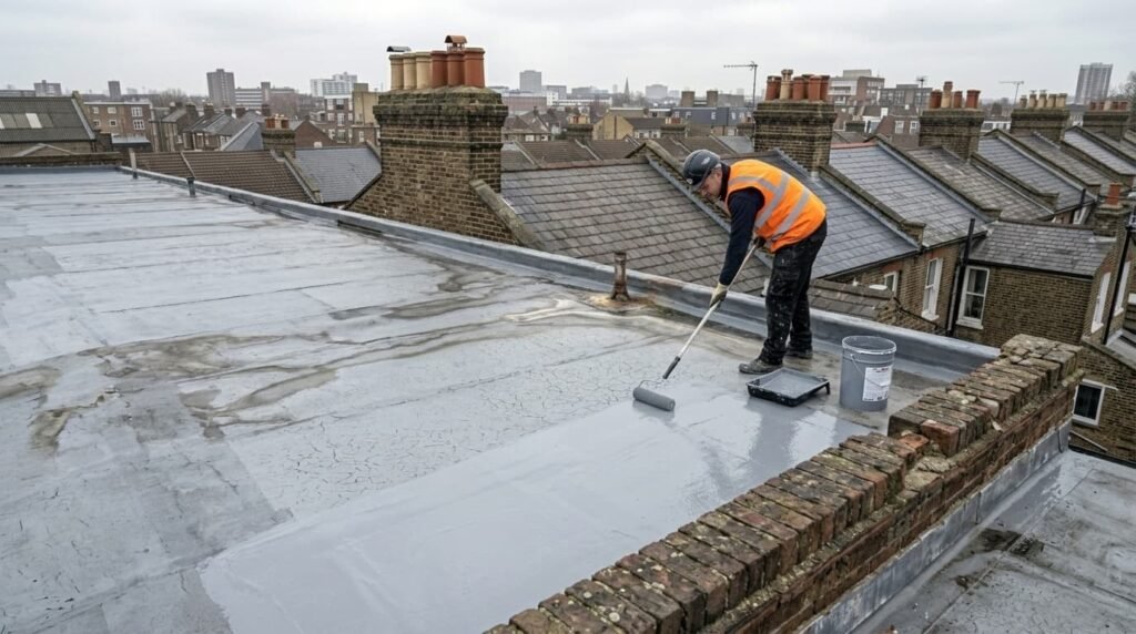 Roofer applying liquid waterproofing coating to flat roof UK