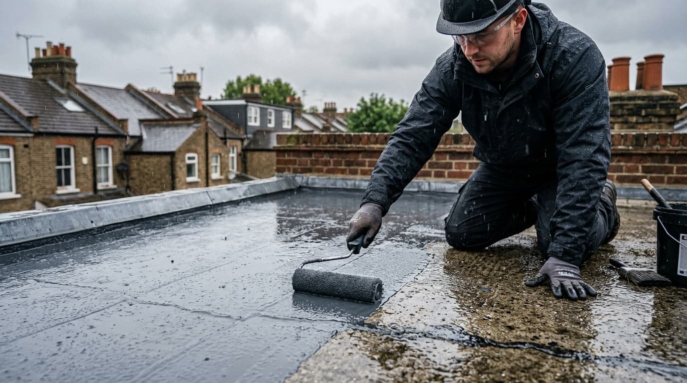Roofer applying liquid roof coating on flat roof in rain