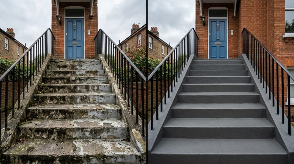 Before and after concrete stairs sealing London house steps