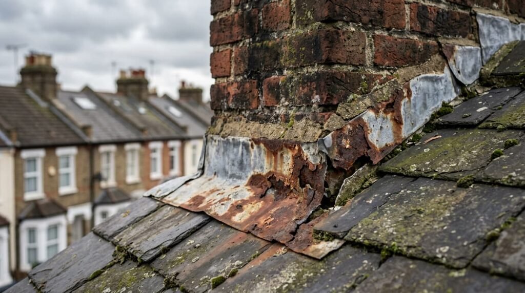 Rusty chimney flashing and damaged roof tiles on UK house causing potential leaks
