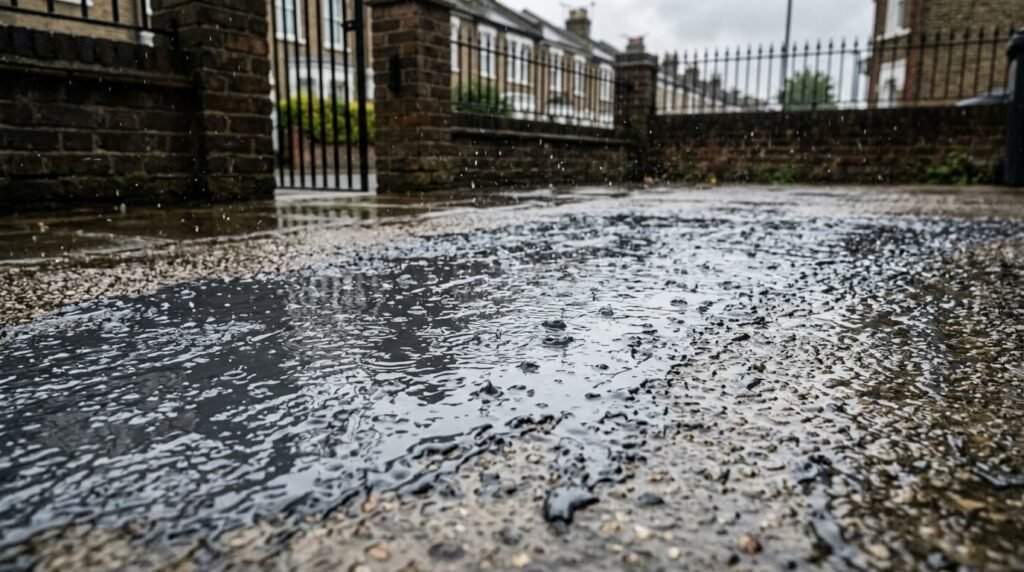 ain falling on wet concrete surface in London street