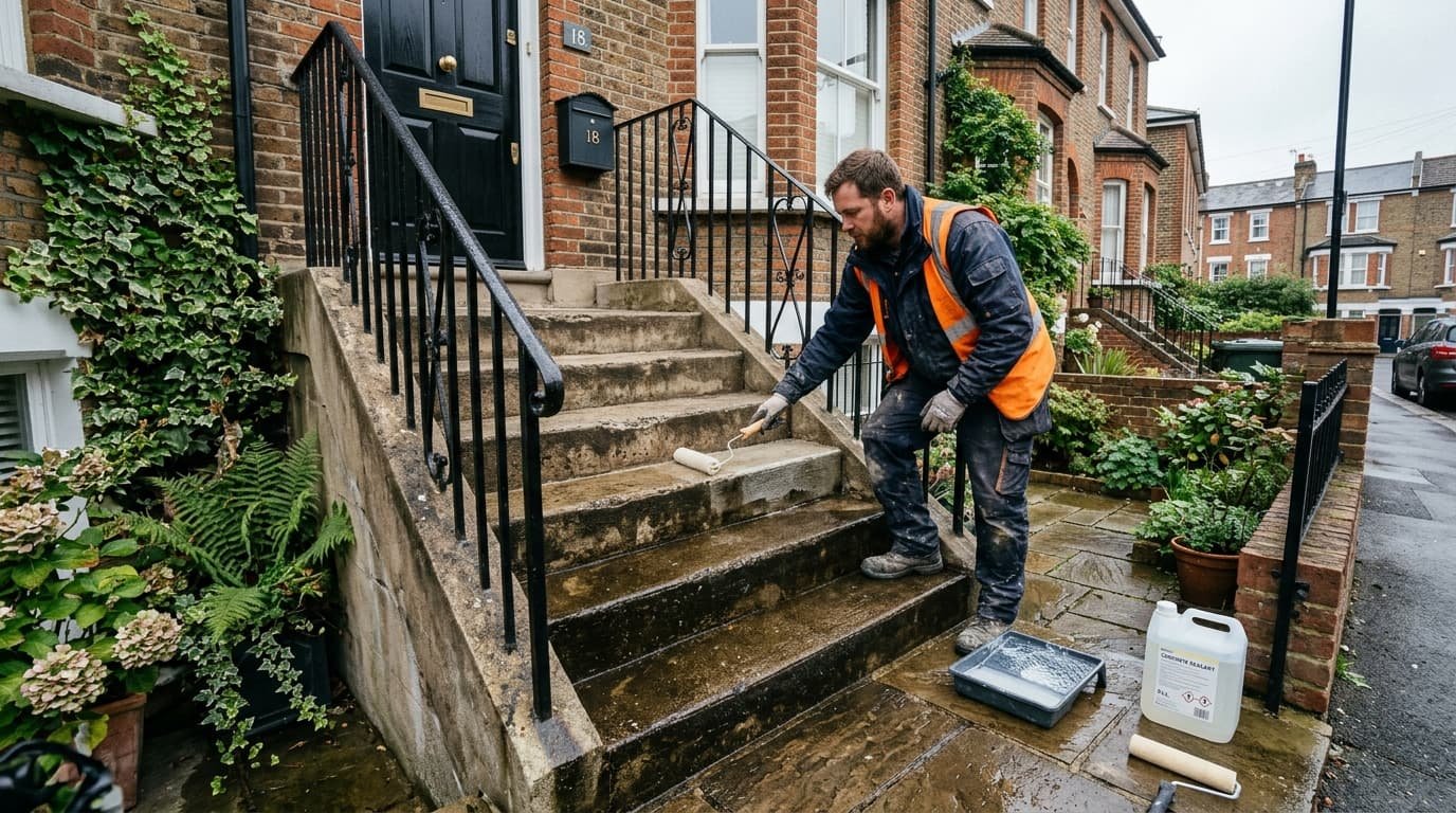 Worker applying concrete sealer to outdoor steps of a London brick house