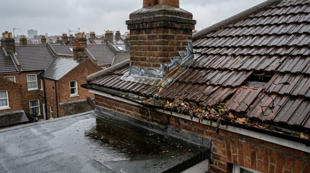 Leaking flat roof around chimney with ponding water UK