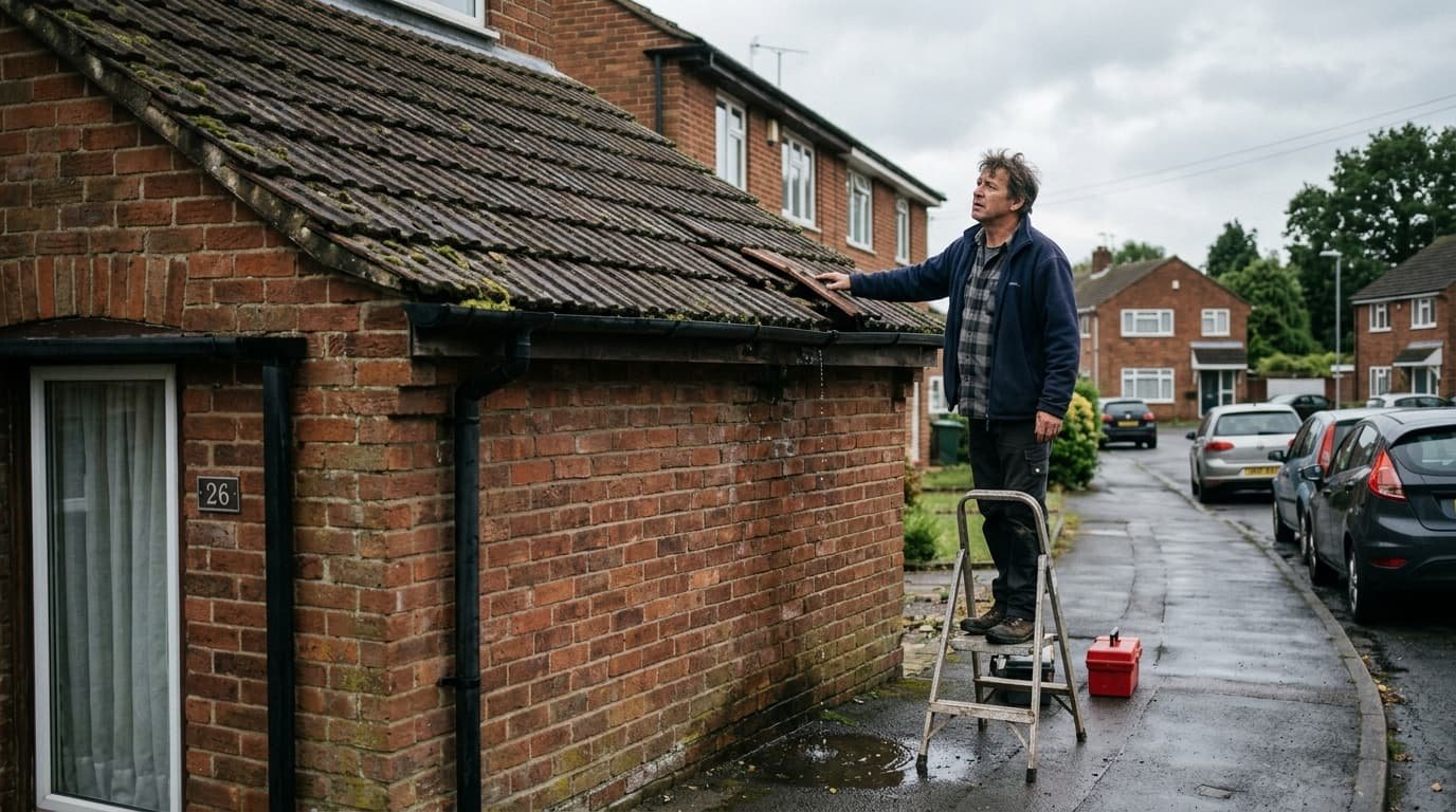 Man inspecting damaged roof tiles on brick house in UK residential street