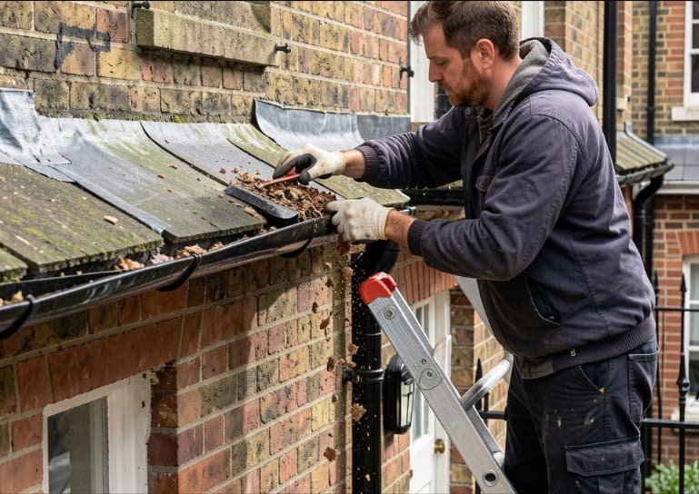 Home maintenance worker cleaning blocked gutters on a Victorian London house, ladder against brick wall, debris being removed by hand, highly realistic.