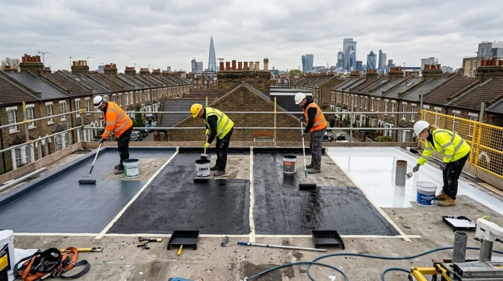 Professional roofers applying liquid waterproofing coating on flat roof with London skyline
