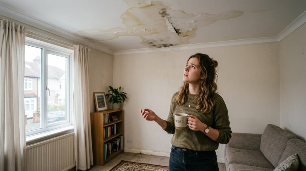 Woman looking at ceiling water damage and leak stains in UK home living room