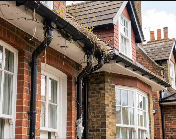 Clogged house gutter with leaves and debris on brick home roof