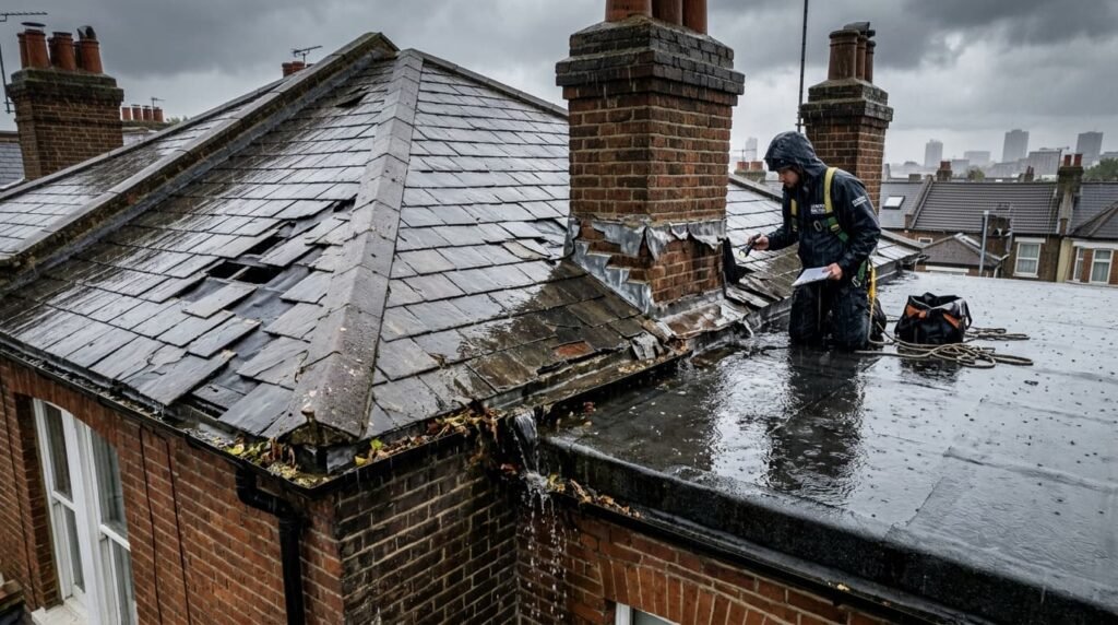 What is the Best Roofing Advice for London Homes in Rainy Weather? 1 Professional roofer repairing damaged slate roof during heavy rain in London