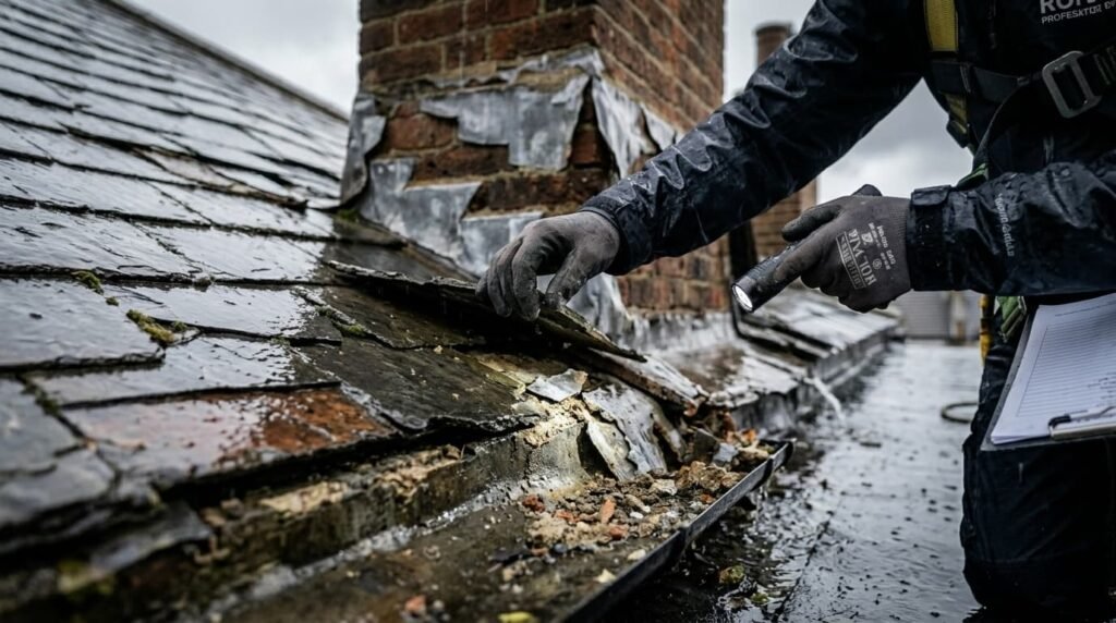 What is the Best Roofing Advice for London Homes in Rainy Weather? 2 Professional roofer inspecting damaged wet slate roof tiles in heavy rain, London