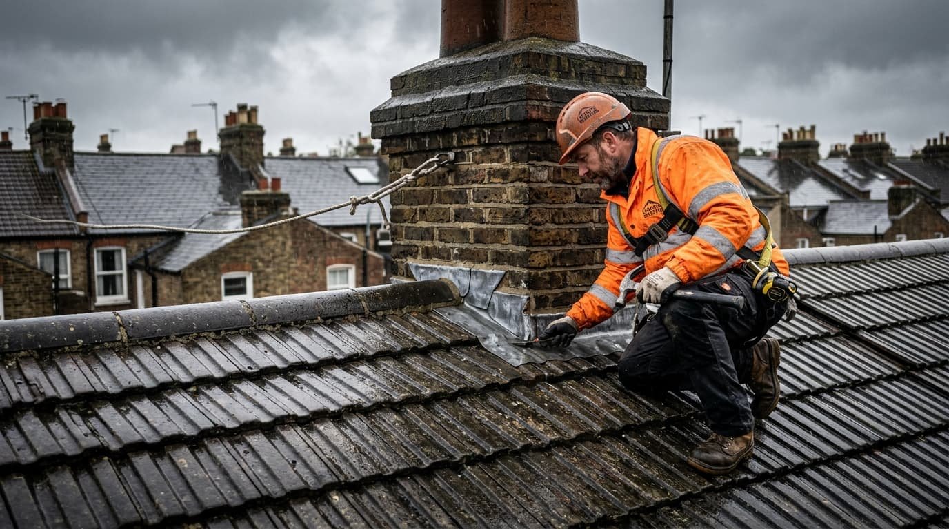 Professional roofer repairing a tiled roof in rainy weather on London homes