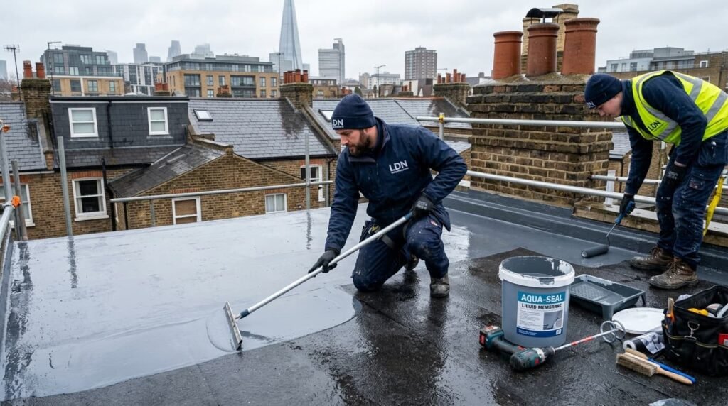 What is the Best Roofing Advice for London Homes in Rainy Weather? 3 Professional roofers applying liquid waterproofing membrane on flat roof in London